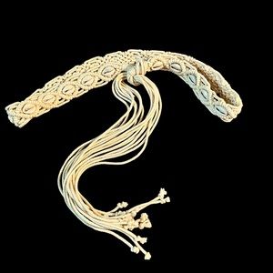 Vintage Crochet Braided Woven Beige Tie Swag Hip Belt With Pooka Shells XL